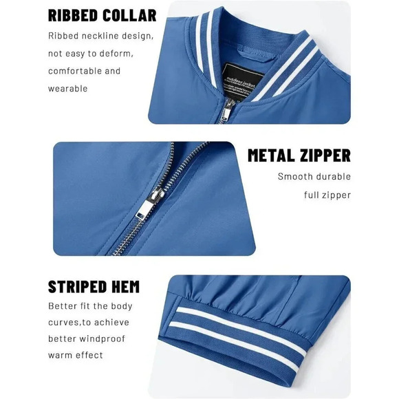 ❤️ Men's Bomber Jacket Lightweight Casual Fall Windbreaker Zip Up  Coat - Blue - Picture 5 of 8